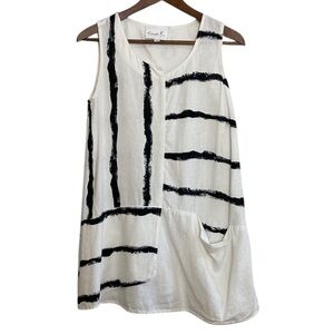 Linen Top Womens XS Black White Stripe Loose Fit Sleeveless Tunic Made in Canada